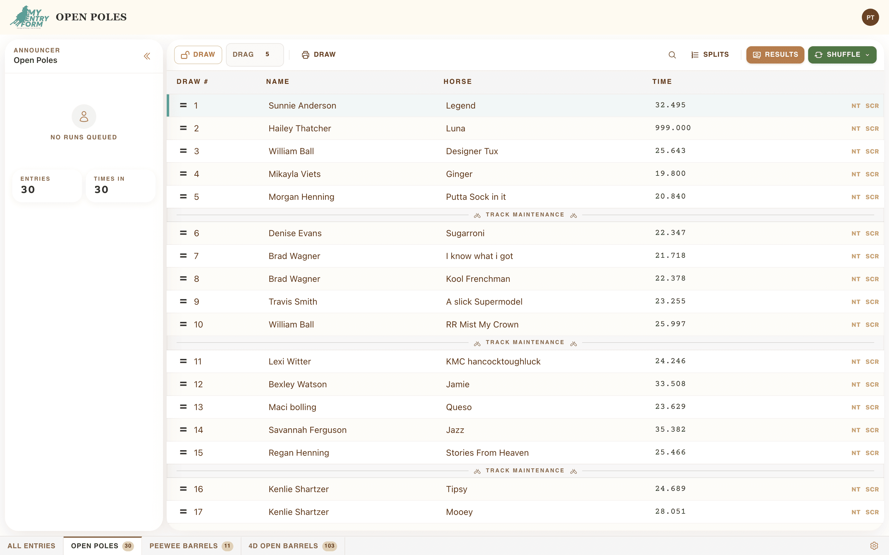 MyEntryForm event builder — setting up barrel race classes, divisions, and entry fees