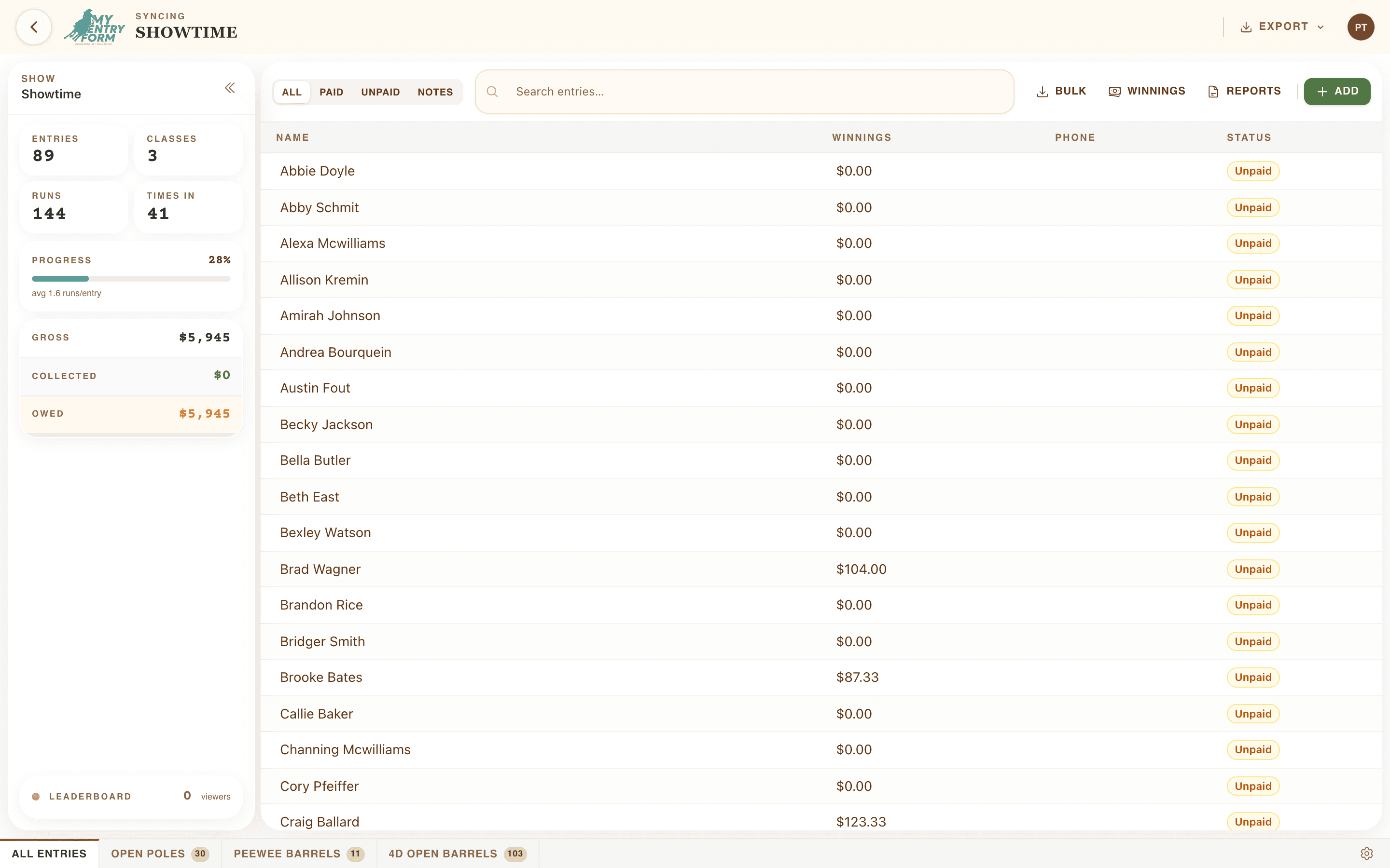 Showtime live scoring screen running a barrel race with real-time draw order and times